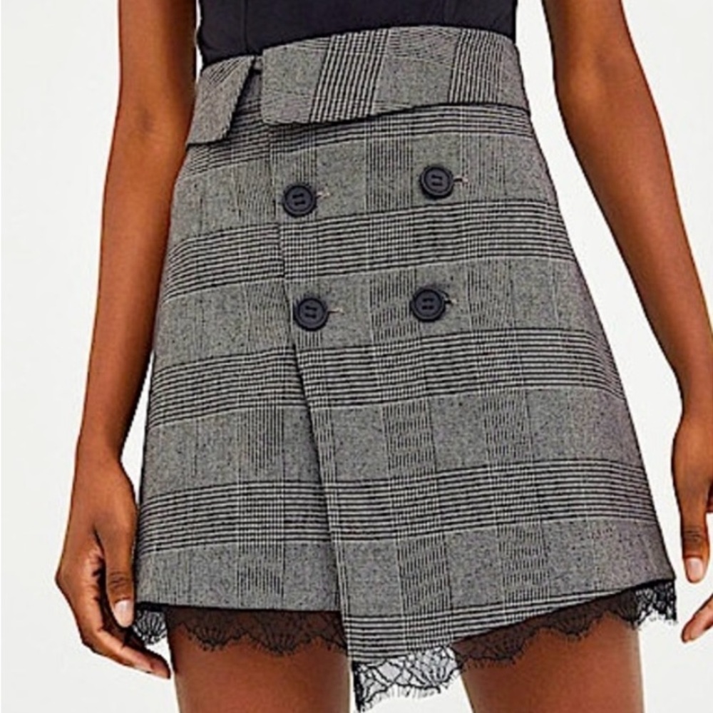 ZARA Checkered Skirt With Lace Trim